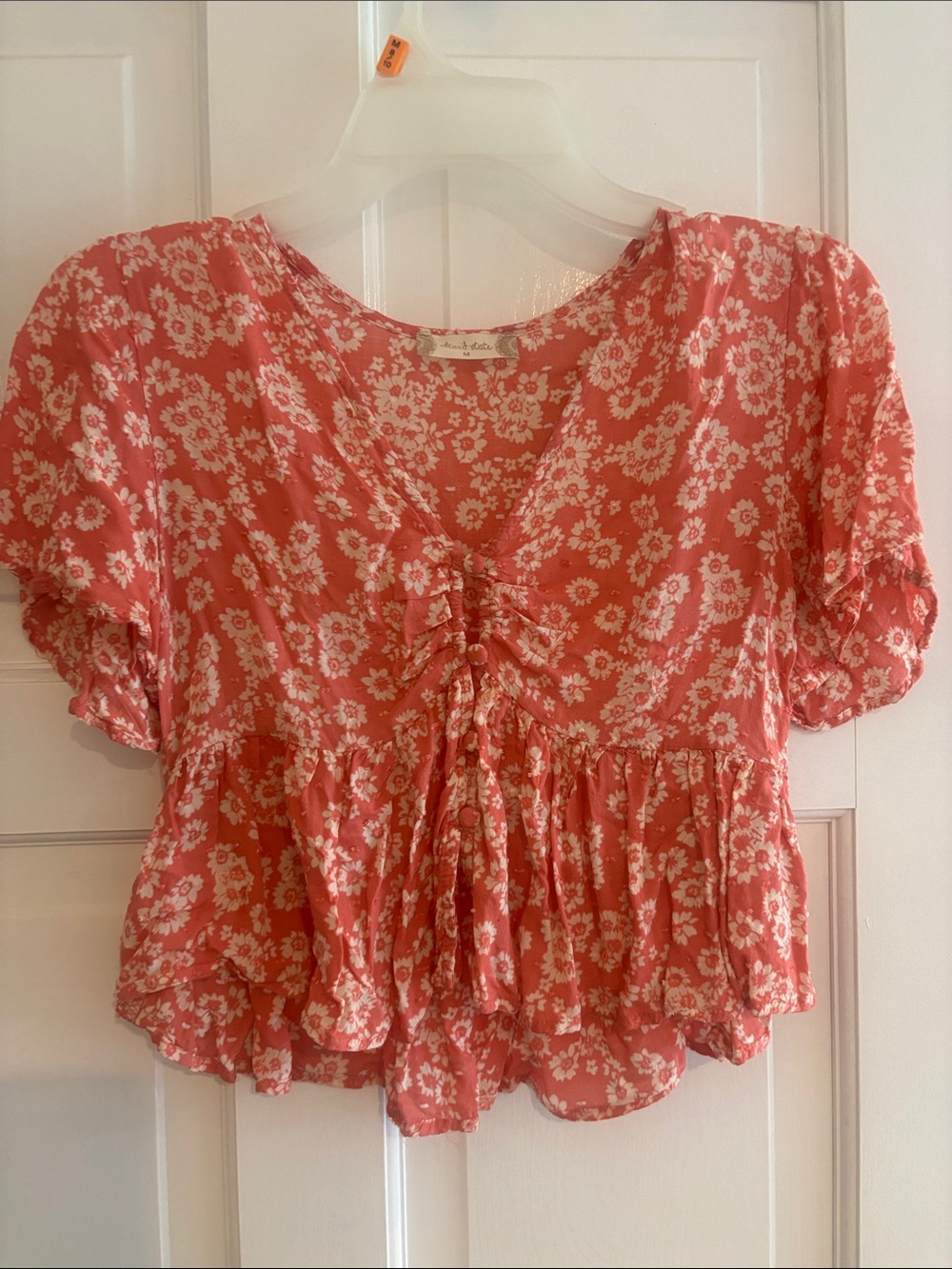 Altar'd State Coral Floral Tie-Front Peplum Top